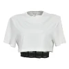 White layered cotton corset-style cropped T-shirt with boned tulle mesh insert