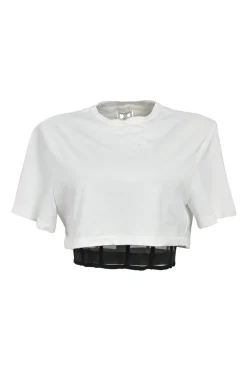 White layered cotton corset-style cropped T-shirt with boned tulle mesh insert