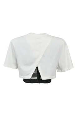 White layered cotton corset-style cropped T-shirt with boned tulle mesh insert