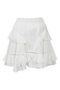 White linen Alikaya pull-on high-rise A-line mini ruffle skirt