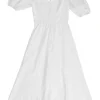 White linen puff sleeve combination-style A-line sun dress with sweetheart neckline and smocked back