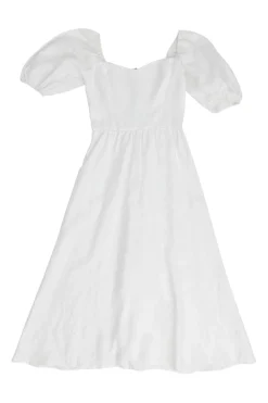 White linen puff sleeve combination-style A-line sun dress with sweetheart neckline and smocked back
