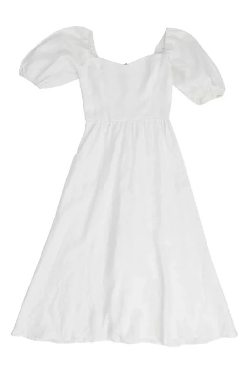 White linen puff sleeve combination-style A-line sun dress with sweetheart neckline and smocked back