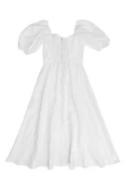 White linen puff sleeve combination-style A-line sun dress with sweetheart neckline and smocked back