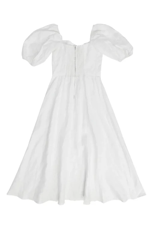 White linen puff sleeve combination-style A-line sun dress with sweetheart neckline and smocked back