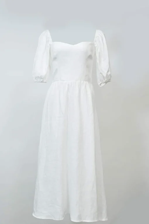 White linen puff sleeve combination-style A-line sun dress with sweetheart neckline and smocked back