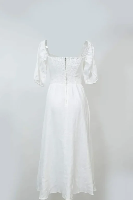 White linen puff sleeve combination-style A-line sun dress with sweetheart neckline and smocked back