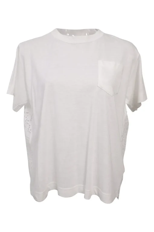 White linen-blend mixed-media crewneck pullover T-shirt featuring star eyelet yoke and back panel