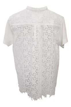 White linen-blend mixed-media crewneck pullover T-shirt featuring star eyelet yoke and back panel