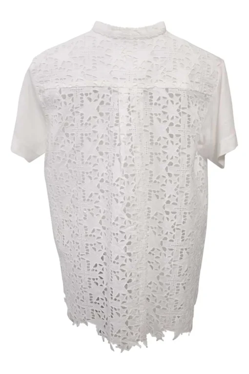 White linen-blend mixed-media crewneck pullover T-shirt featuring star eyelet yoke and back panel