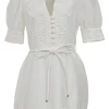 White linen-blend plunge neck puff sleeve tie-waist mini dress with tonal Rouleaux trim details