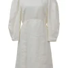 White linen-cotton blend crewneck mini dress with balloon sleeves