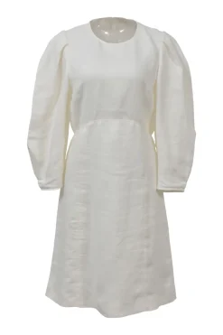 White linen-cotton blend crewneck mini dress with balloon sleeves