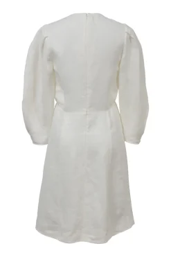 White linen-cotton blend crewneck mini dress with balloon sleeves