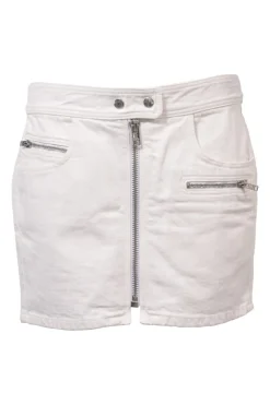White low-rise Caly zip-up mini skirt with extended tab closure and exposed zip slanted pockets