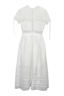 White macramé guipure lace short sleeve bi-layer A-line tea dress with built-in mini skirt panel