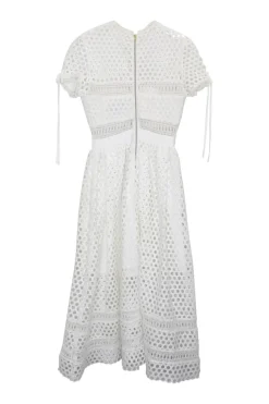 White macramé guipure lace short sleeve bi-layer A-line tea dress with built-in mini skirt panel