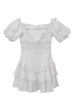 White off-shoulder tier-ruffle puff sleeve micro-mini mini dress featuring tonal crochet lace inserts