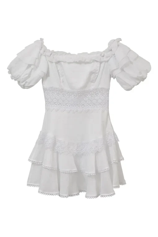 White off-shoulder tier-ruffle puff sleeve micro-mini mini dress featuring tonal crochet lace inserts