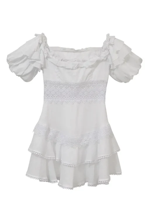 White off-shoulder tier-ruffle puff sleeve micro-mini mini dress featuring tonal crochet lace inserts