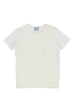 White paneled broderie Anglaise crewneck pullover T-shirt