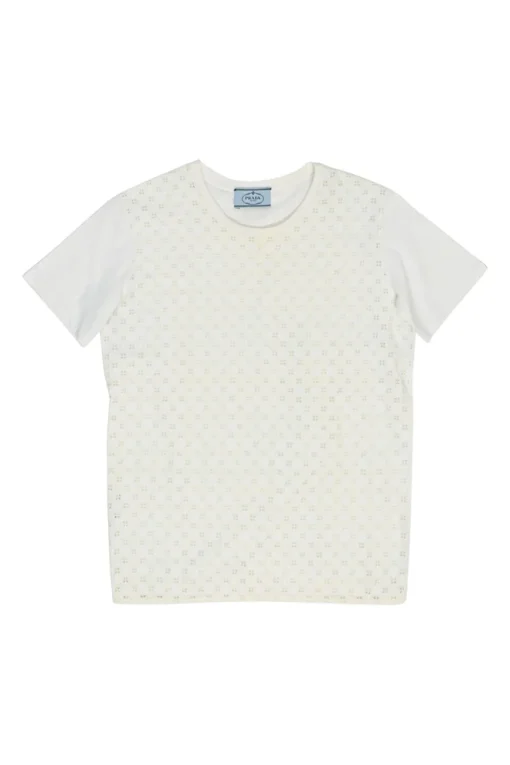 White paneled broderie Anglaise crewneck pullover T-shirt