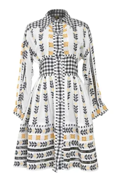 White paneled cotton petit-point jacquard and gingham point collar A-line knee-length shirt dress