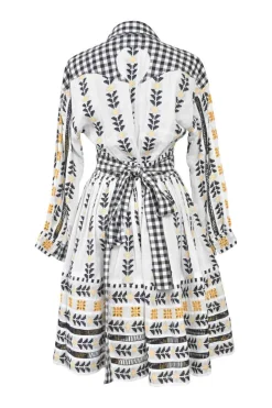 White paneled cotton petit-point jacquard and gingham point collar A-line knee-length shirt dress