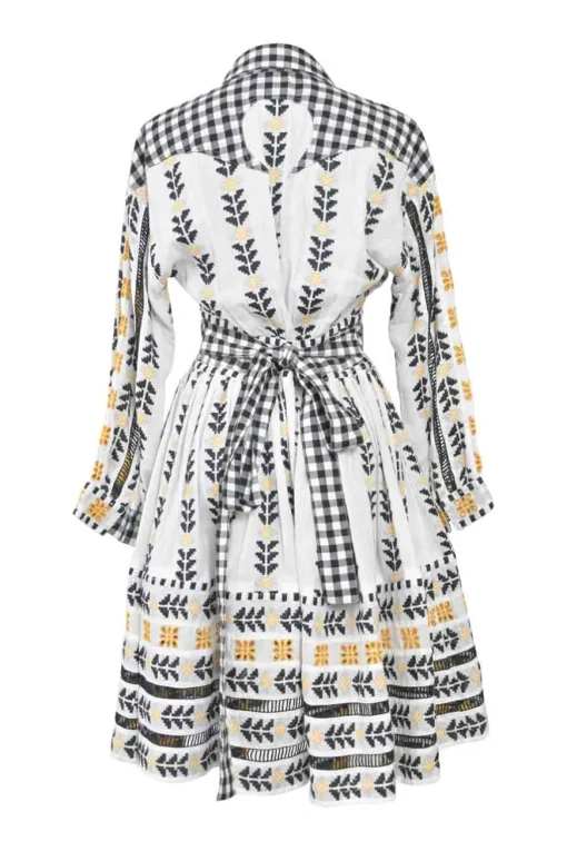 White paneled cotton petit-point jacquard and gingham point collar A-line knee-length shirt dress