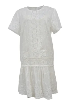 White paneled cotton-silk blend short sleeve shift dress featuring floral broderie Anglaise detailing
