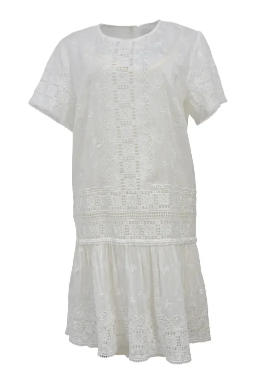 White paneled cotton-silk blend short sleeve shift dress featuring floral broderie Anglaise detailing