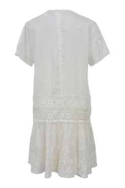 White paneled cotton-silk blend short sleeve shift dress featuring floral broderie Anglaise detailing