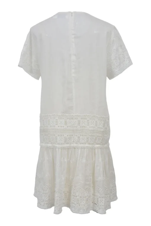 White paneled cotton-silk blend short sleeve shift dress featuring floral broderie Anglaise detailing