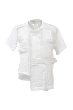 White paneled jersey and tulle crewneck pullover T-shirt with asymmetric hem
