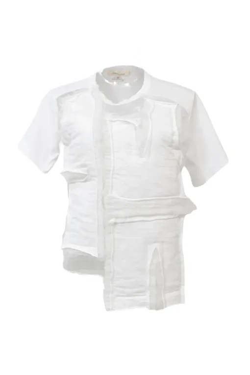 White paneled jersey and tulle crewneck pullover T-shirt with asymmetric hem