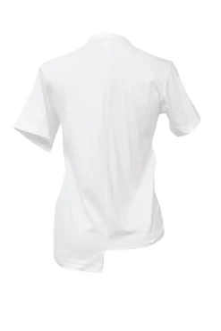 White paneled jersey and tulle crewneck pullover T-shirt with asymmetric hem