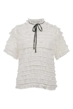White paneled lace short-sleeve tiered top
