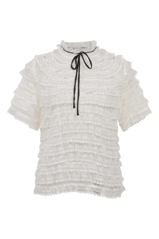 White paneled lace short-sleeve tiered top