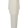 White paneled polyester dolman sleeve keyhole-front plissé column gown with gold-tone shank button-embellished neckline