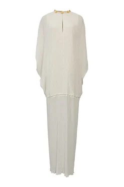 White paneled polyester dolman sleeve keyhole-front plissé column gown with gold-tone shank button-embellished neckline