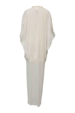 White paneled polyester dolman sleeve keyhole-front plissé column gown with gold-tone shank button-embellished neckline