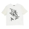 White paneled screen-printed cotton jersey swallow and skull graphic T-shirt with sheer flounce sleeves