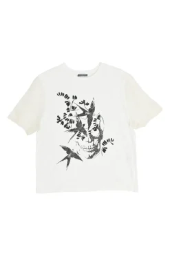 White paneled screen-printed cotton jersey swallow and skull graphic T-shirt with sheer flounce sleeves