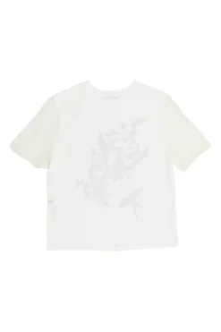 White paneled screen-printed cotton jersey swallow and skull graphic T-shirt with sheer flounce sleeves