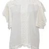 White paneled viscose flutter sleeve bateau neck blouse with scalloped edges