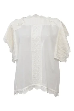 White paneled viscose flutter sleeve bateau neck blouse with scalloped edges