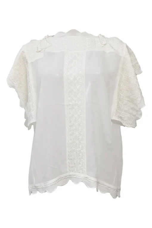 White paneled viscose flutter sleeve bateau neck blouse with scalloped edges