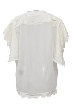 White paneled viscose flutter sleeve bateau neck blouse with scalloped edges