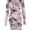 White, pink, blue floral print long-sleeved gathered midi dress