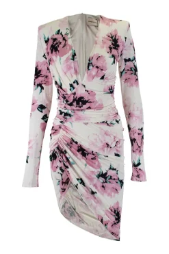 White, pink, blue floral print long-sleeved gathered midi dress